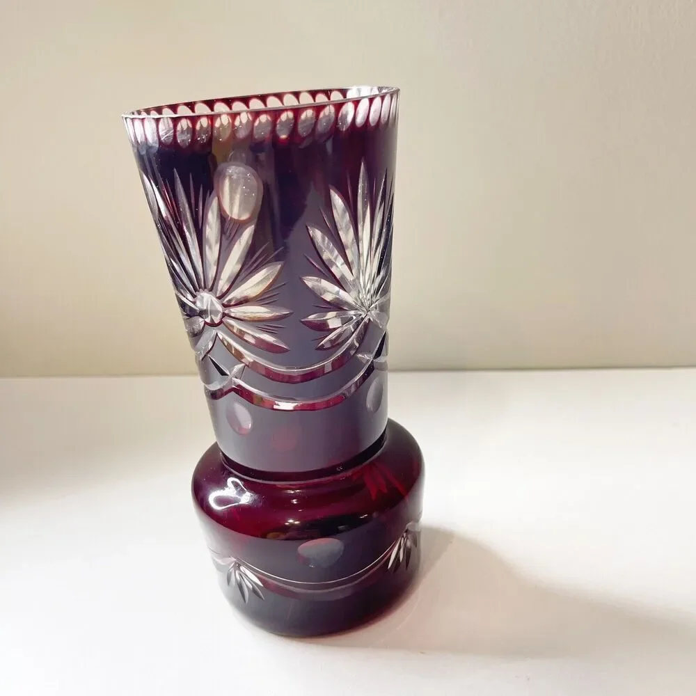 Vintage Bohemian Ruby Red Vase‎ Cut To Clear Crystal Etched Decorative Glassware